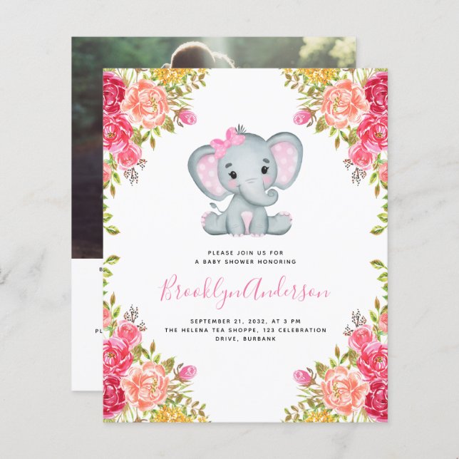 BUDGET Elephant Girl Photo Baby Shower Invitation (Front/Back)