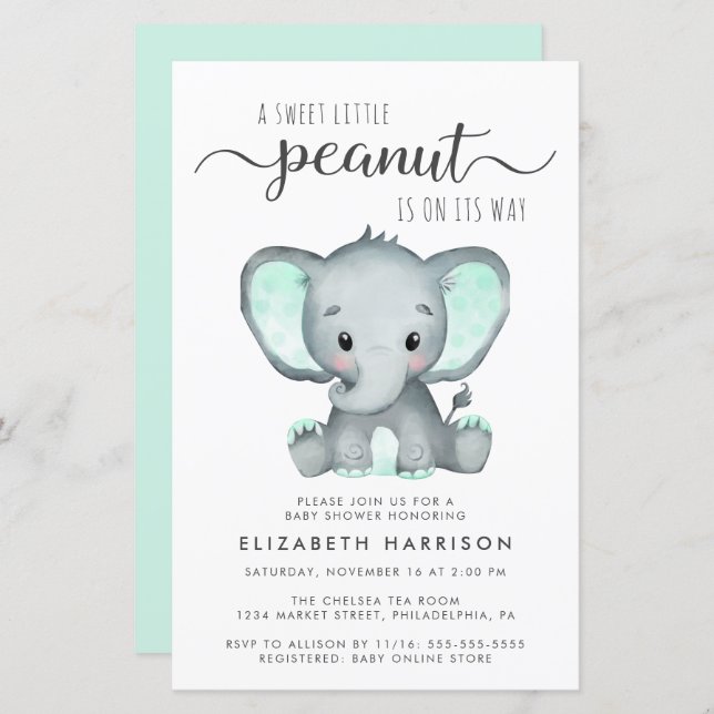 Budget Elephant Mint Baby Shower Invitation (Front/Back)