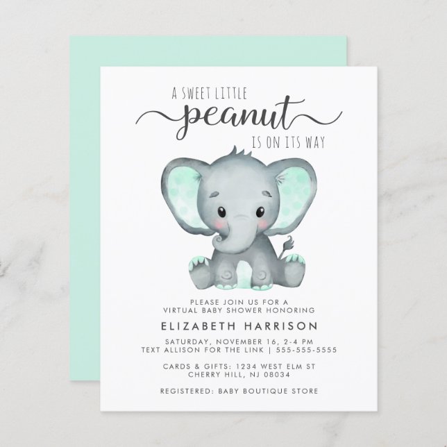 Budget Elephant Mint Virtual Baby Shower Invite (Front/Back)