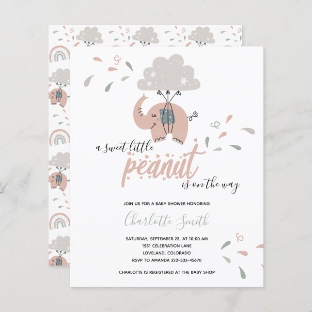 Budget Elephant Pink Girl's Baby Shower Invitation (Front/Back)