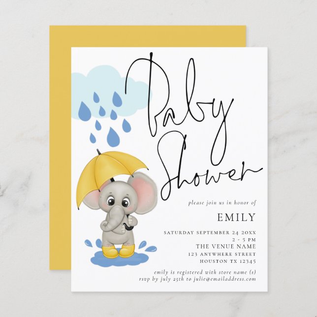 Budget Elephant Rain Baby Shower Invite (Front/Back)