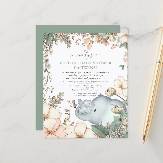 Budget Elephant Twins Virtual Baby Shower Invite (Front/Back In Situ)