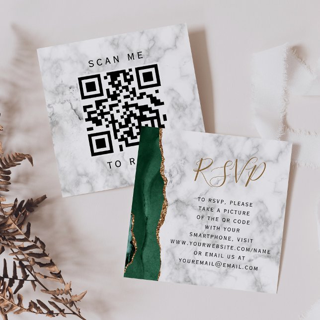 Budget Emerald Agate Marble Wedding QR Code RSVP Enclosure Card (Creator Uploaded)