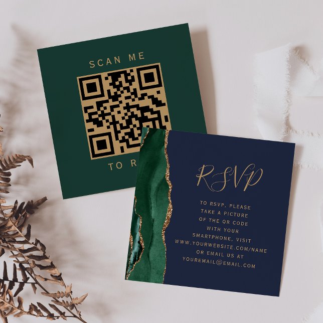 Budget Emerald Agate Navy Wedding QR Code RSVP Enclosure Card (Creator Uploaded)