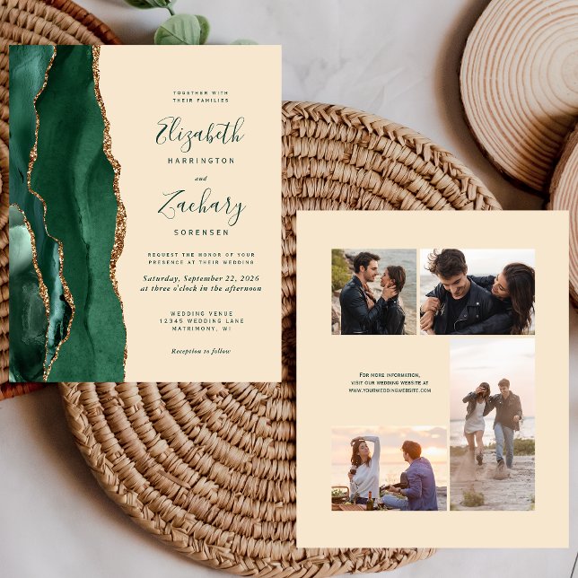 Budget Emerald Champagne 4-Photo Wedding Invite (Creator Uploaded)