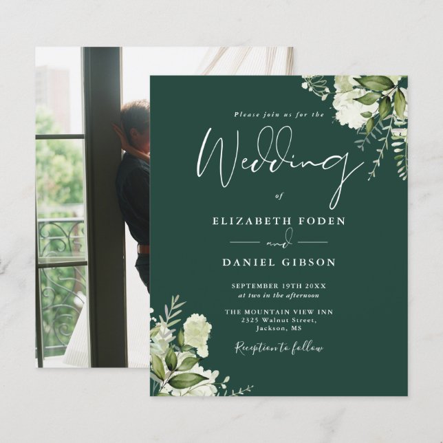 Budget Emerald Foliage Photo Wedding Invitation (Front/Back)