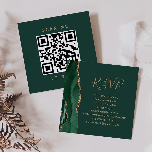 Budget Emerald Gold Agate Wedding QR Code RSVP Enclosure Card (Creator Uploaded)