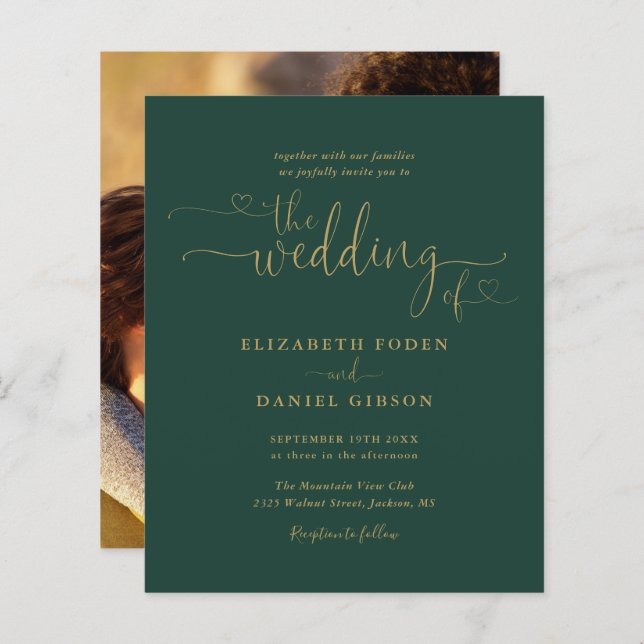 Budget Emerald Gold Script Photo Wedding Invite (Front/Back)