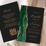 Budget Emerald Green Agate Dark QR Code Wedding<br><div class="desc">The left-hand edge of this elegant modern wedding invitation features an emerald green watercolor agate border trimmed with faux gold glitter. The customisable text combines gold-coloured handwriting, copperplate and italic fonts on an off-black background. Add additional details on the back, along with a QR code to help your guests visit...</div>