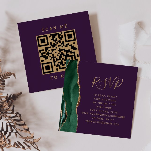 Budget Emerald Green Agate Purple QR Code RSVP Enclosure Card (Creator Uploaded)