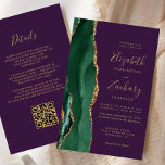 Budget Emerald Green Agate Purple QR Code Wedding<br><div class="desc">The left-hand edge of this elegant modern wedding invitation features an emerald green watercolor agate border trimmed with faux gold glitter. The customisable text combines gold-coloured handwriting, copperplate and italic fonts on a purple background. Add additional details on the back, along with a QR code to help your guests visit...</div>