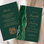 Budget Emerald Green Agate QR Code Wedding<br><div class="desc">The left-hand edge of this elegant modern wedding invitation features an emerald green watercolor agate border trimmed with faux gold glitter. The customisable text combines gold-coloured handwriting, copperplate and italic fonts on an emerald green background. Add additional details on the back, along with a QR code to help your guests...</div>