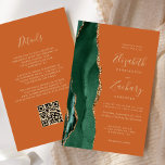 Budget Emerald Green Agate Rust QR Code Wedding<br><div class="desc">The left-hand edge of this elegant modern wedding invitation features an emerald green watercolor agate border trimmed with faux gold glitter. The customisable text combines gold-coloured handwriting, copperplate and italic fonts on a burnt orange or rust background. Add additional details on the back, along with a QR code to help...</div>
