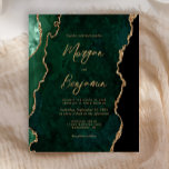 Budget Emerald Green Agate Script Wedding Invite<br><div class="desc">This elegant wedding invitation features a background image of emerald green watercolor agate trimmed with faux gold glitter. The customizable text combines gold-colored modern handwriting,  copperplate and italic fonts. The reverse side features a coordinating emerald green and gold agate design.</div>