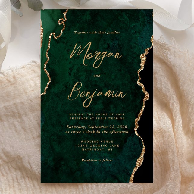 Budget Emerald Green Agate Script Wedding Invite (Creator Uploaded)
