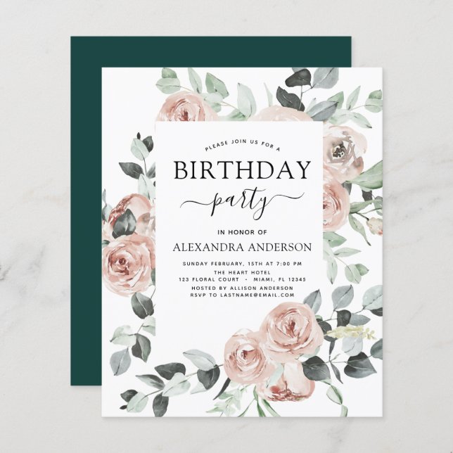 Budget Emerald Green Birthday Party Floral (Front/Back)
