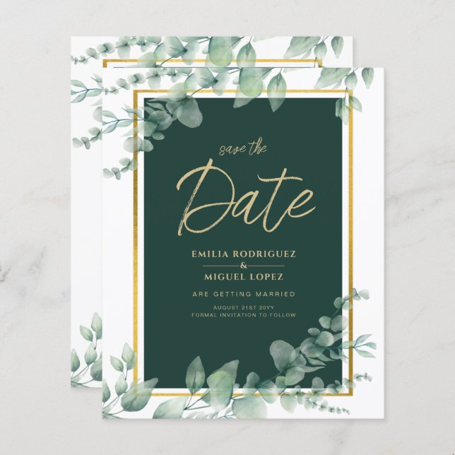 Budget Emerald Green Botanical Gold Wedding Invite (Front/Back)