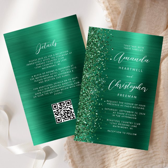 Budget Emerald Green Brushed Metal QR Code Wedding (Creator Uploaded)