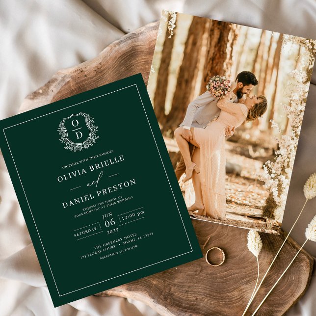 Budget Emerald Green Crest Wedding Invitation Flyer (Creator Uploaded)