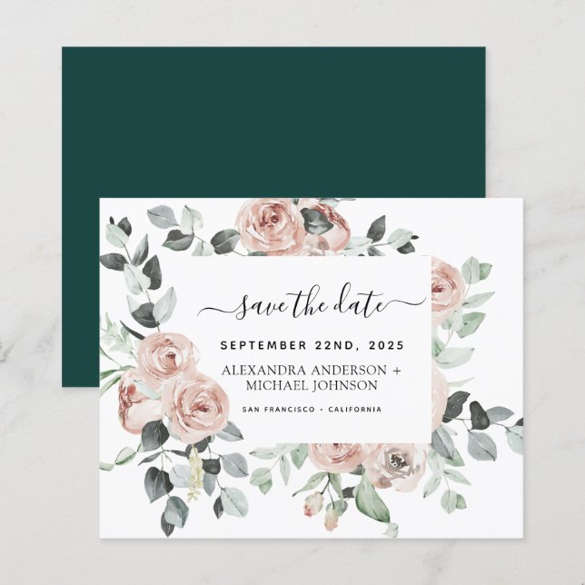 Budget Emerald Green Floral Save the Date (Front/Back)