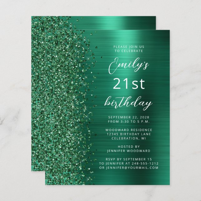 Budget Emerald Green Glam 21st Birthday Invite (Front/Back)
