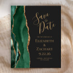 Budget Emerald Green Gold Agate Dark Save the Date<br><div class="desc">The left-hand edge of this elegant modern wedding save the date card features an emerald green watercolor agate border trimmed with faux gold glitter. The customisable text combines gold-coloured handwriting, copperplate and italic fonts on a slate black background. The reverse side features a matching emerald green and gold agate design....</div>