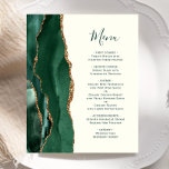 Budget Emerald Green Gold Agate Ivory Wedding Menu<br><div class="desc">The left-hand edge of this elegant modern wedding menu features an emerald green watercolor agate border trimmed with faux gold glitter. The customisable text combines whimsical green handwriting script and copperplate fonts on an ivory background. The reverse side features a matching emerald green and gold agate design.</div>