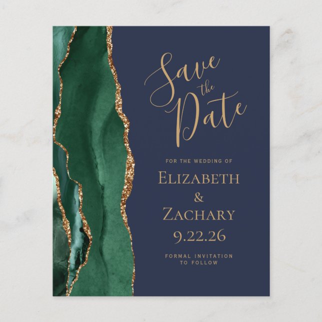 Budget Emerald Green Gold Agate Navy Save the Date (Front)