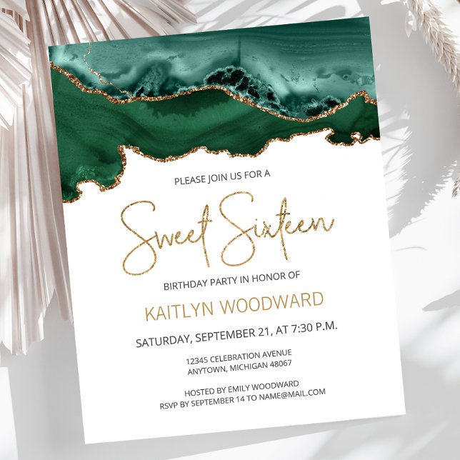 Budget Emerald Green Gold Agate Sweet 16 Invite (Creator Uploaded)