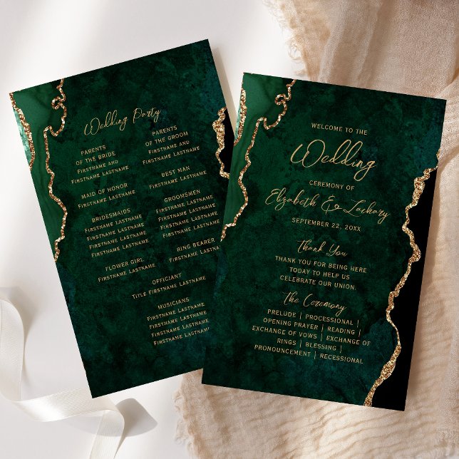 Budget Emerald Green Gold Agate Wedding Program (Creator Uploaded)