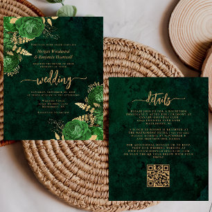 Budget Emerald Green Gold Floral QR Code Wedding