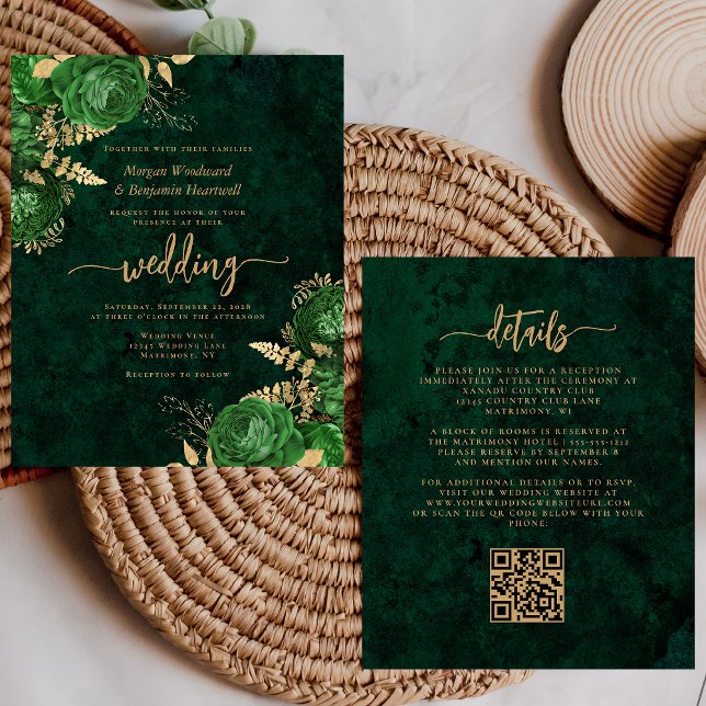 Budget Emerald Green Gold Floral QR Code Wedding (Creator Uploaded)