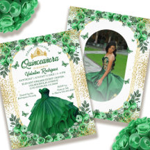 Budget Emerald Green Gold Floral Quinceanera