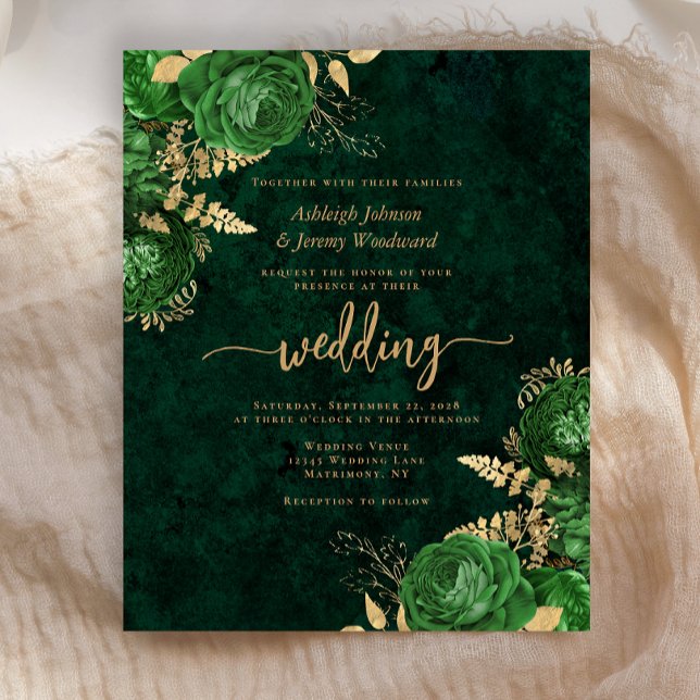 Budget Emerald Green Gold Floral Wedding Invite (Creator Uploaded)