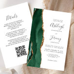 Budget Emerald Green Gold QR Code Wedding Invite<br><div class="desc">Save the cost of printing and mailing separate RSVP cards with this elegant modern all-in-one budget wedding invitation. The left-hand edge features an emerald green watercolor agate border trimmed with gold faux glitter. The customisable text combines charcoal grey handwriting, copperplate and italic fonts on a white background. The reverse side...</div>