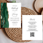 Budget Emerald Green Gold QR Code Wedding Invite<br><div class="desc">Save the cost of printing and mailing separate RSVP cards with this elegant modern all-in-one budget wedding invitation. The left-hand edge features an emerald green watercolor agate border trimmed with gold faux glitter. The customisable text combines charcoal grey handwriting, copperplate and italic fonts on a white background. The reverse side...</div>