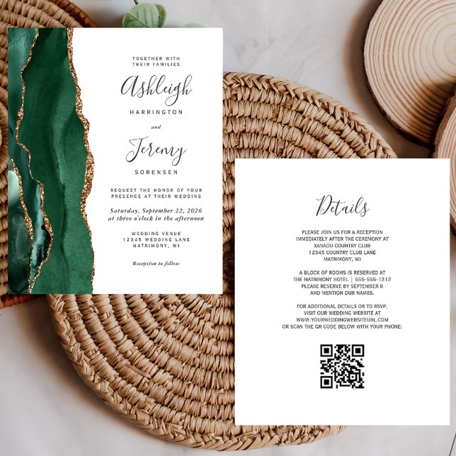 Budget Emerald Green Gold QR Code Wedding Invite (Creator Uploaded)