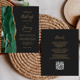 Budget Emerald Green Gold QR Code Wedding Invite
