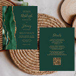 Budget Emerald Green Gold QR Code Wedding Invite<br><div class="desc">Save the cost of printing and mailing separate RSVP cards with this elegant modern all-in-one budget wedding invitation. The left-hand edge features an emerald green watercolor agate border trimmed with gold faux glitter. The customisable text combines gold-coloured handwriting, copperplate and italic fonts on a green background. The reverse side provides...</div>