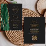 Budget Emerald Green Gold QR Code Wedding Invite<br><div class="desc">Save the cost of printing and mailing separate RSVP cards with this elegant modern all-in-one budget wedding invitation. The left-hand edge features an emerald green watercolor agate border trimmed with gold faux glitter. The customisable text combines gold-coloured handwriting, copperplate and italic fonts on a slate black background. The reverse side...</div>