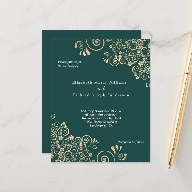 Budget Emerald Green Gold Swirl Wedding Invitation (Front/Back In Situ)