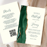 Budget Emerald Green Ivory QR Code Wedding Invite<br><div class="desc">Save the cost of printing and mailing separate RSVP cards with this elegant modern all-in-one budget wedding invitation. The left-hand edge features an emerald green watercolor agate border trimmed with gold faux glitter. The customisable text combines green handwriting, copperplate and italic fonts on an ivory background. The reverse side provides...</div>