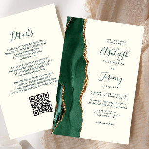 Budget Emerald Green Ivory QR Code Wedding Invite