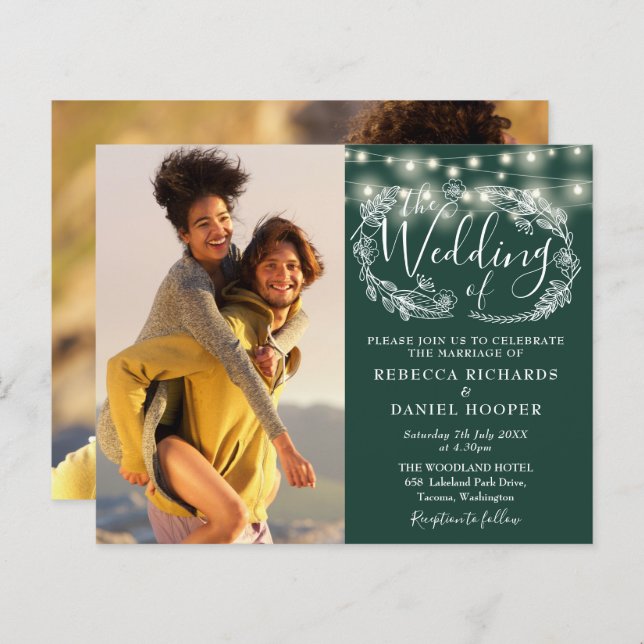 Budget Emerald Green Lights 2 Photo Wedding Invite (Front/Back)