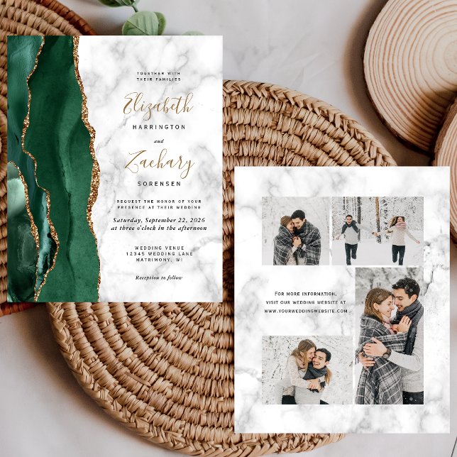 Budget Emerald Green Marble 4-Photo Wedding Invite (Creator Uploaded)