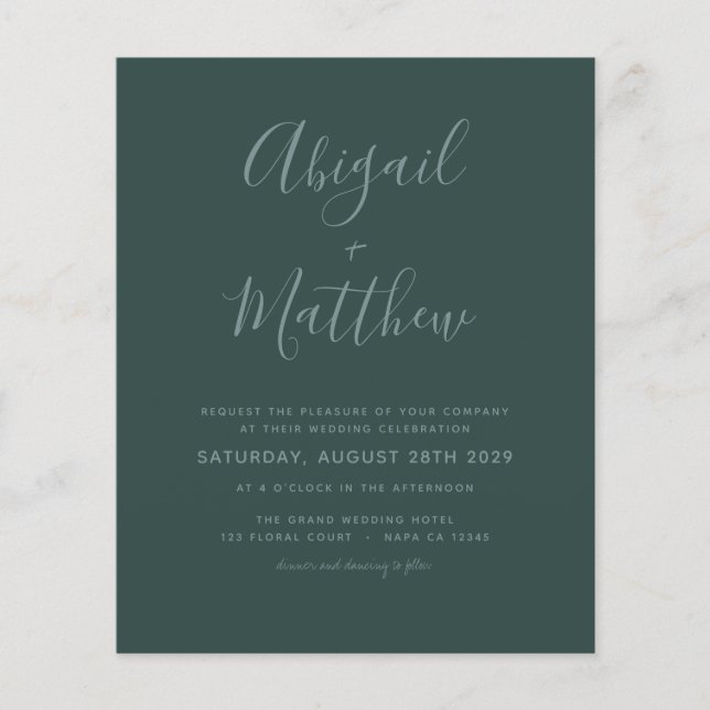 Budget Emerald Green Minimalist Wedding Invitation Flyer (Front)