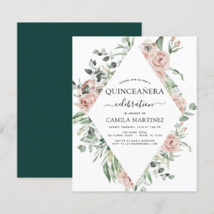 Budget Emerald Green Quinceañera Floral Invitation