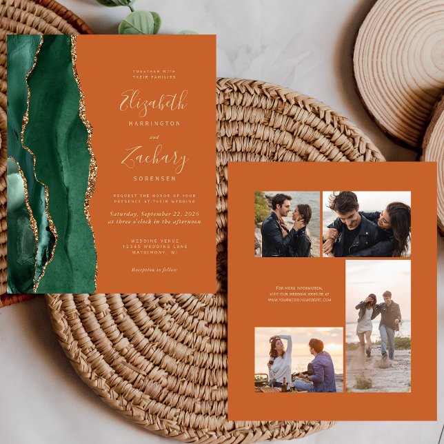 Budget Emerald Green Rust 4-Photo Wedding Invite (Creator Uploaded)