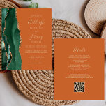 Budget Emerald Green Rust QR Code Wedding Invite<br><div class="desc">Save the cost of printing and mailing separate RSVP cards with this elegant modern all-in-one budget wedding invitation. The left-hand edge features an emerald green watercolor agate border trimmed with gold faux glitter. The customisable text combines gold-coloured handwriting, copperplate and italic fonts on a burnt orange or rust background. The...</div>
