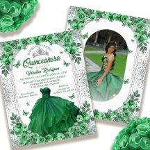 Budget Emerald Green Silver Floral Quinceanera